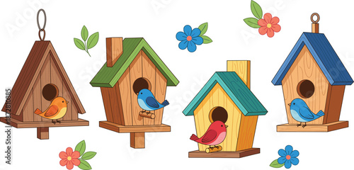 Cute illustrated wooden birdhouses with colorful birds, flowers, and leaves in a playful spring nature style