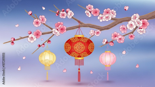 Vibrant chinese lanterns hang from blooming cherry blossom branch against serene blue sky with falling petals with spring and festive and asian culture