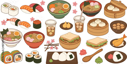 Japanese food illustration set with sushi, ramen, dumplings, bento, onigiri, tempura, and traditional dishes