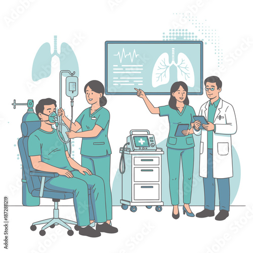 Respiratory disease treatment and lung health care concept with flat vector illustration of medical professionals, pulmonology diagnosis, inhalation therapy, and patient breathing support services