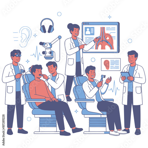 ENT disease and treatment services concept with flat vector illustration of otorhinolaryngologist examining patient's ear, nose, and throat for respiratory infections and hearing care support