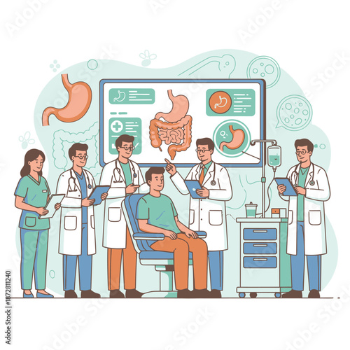 Digestive disease and gastro care concept with flat vector illustration of medical professionals conducting stomach examinations, intestinal health consultations, and gastroenterology treatment