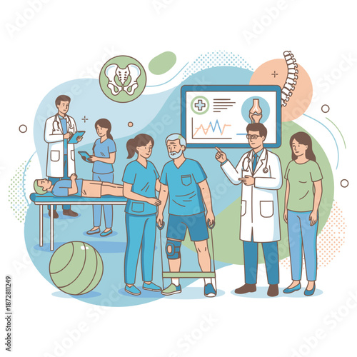 Arthritis and joint pain treatment concept with flat vector illustration of medical professionals providing orthopedic care, physical therapy rehabilitation, and bone health consultation for patients