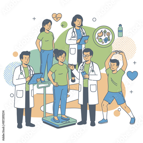 Obesity treatment and weight management concept with flat vector illustration of medical professionals, nutritional counseling, healthy lifestyle planning, and body mass index monitoring support