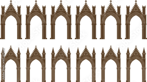 Gothic Cathedral Arch Collection Vector Set Medieval Church Architecture Decorative Frames Historical Design Illustration