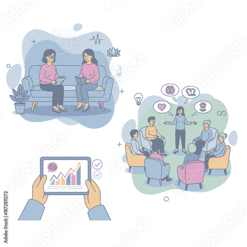 Depression and anxiety treatment concept with flat vector illustration of mental health professionals providing psychological support, counseling therapy, and emotional wellness for patient recovery