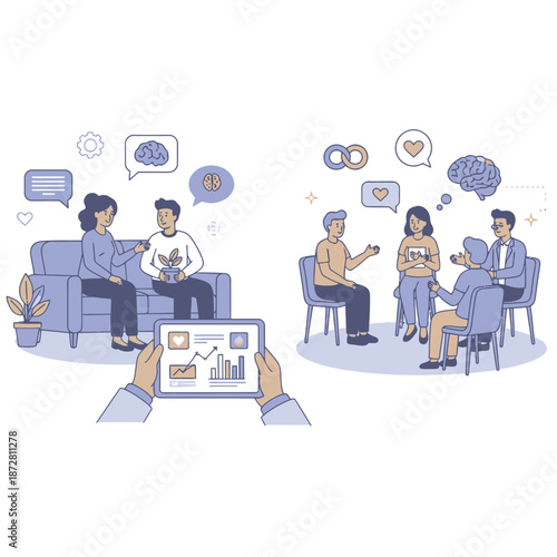 Mental health disorder treatment and psychological support concept with flat vector illustration of therapist consultation, cognitive behavioral therapy, emotional wellness, and patient recovery