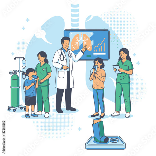 Asthma treatment and respiratory care concept with flat vector illustration of medical professionals assisting patient with inhaler, nebulizer therapy, and lung health monitoring for allergy relief