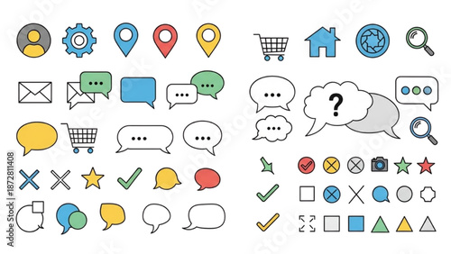 Collection of various icons representing communication and interaction on a white background