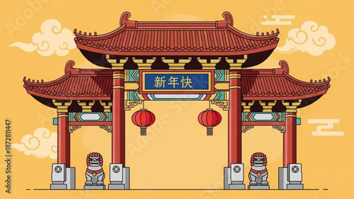 Vibrant chinese gate with red roof and lanterns on yellow background for cultural and festive designs with traditional and architecture and illustration