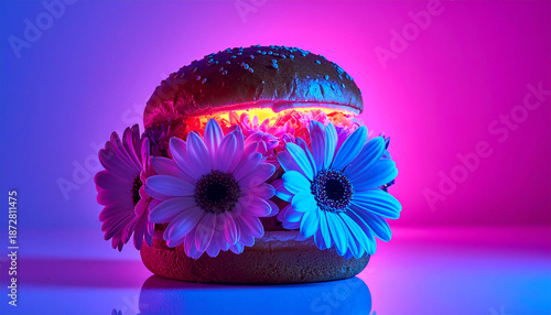 Futuristic neon burger with sesame bun, vibrant flowers, glowing light, surreal mood, creative food art, pink and blue background, imaginative concept