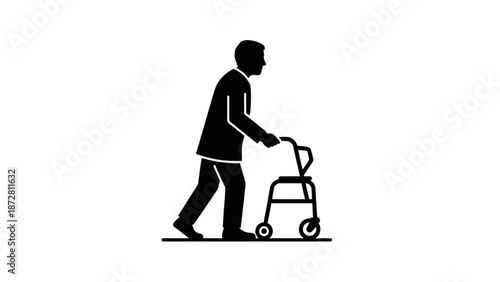 An elderly man is walking with a walker for support in a simple illustration