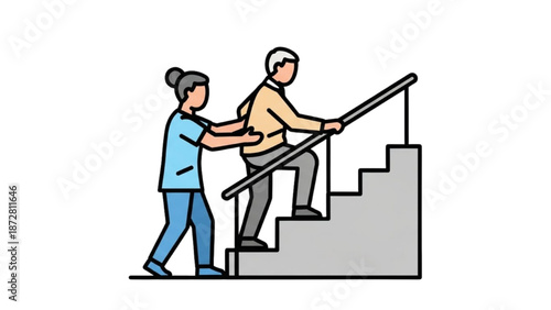 Caregiver Assisting Elderly Person Climbing Stairs with Handrail Support
