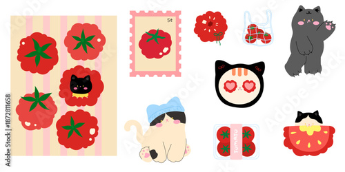 Cute cat and tomato illustration set – Kawaii card, stamp, flat design characters and food elements