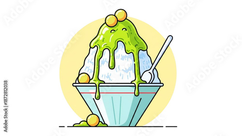 A vibrant illustration of a dessert with green sauce and yellow toppings in a blue bowl