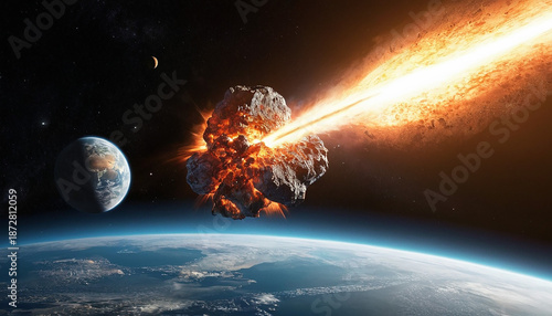 Astronomical chaos meteor impact asteroid apocalypse and space explosion illustration
2