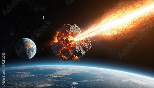 Astronomical chaos meteor impact asteroid apocalypse and space explosion illustration
1