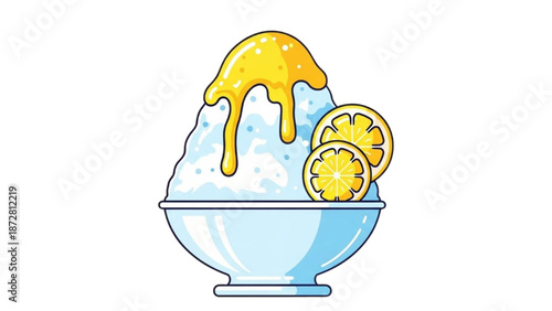 A bowl of shaved ice dessert topped with lemon sauce and citrus slices in a serene environment from a front viewpoint