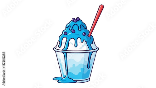 A colorful illustration of a dessert with blue syrup and a red spoon in a cup