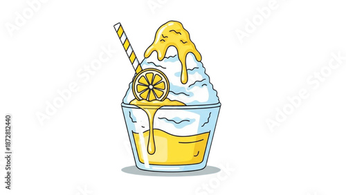 A refreshing lemon dessert with whipped cream and a straw in a glass cup, viewed from directly above.