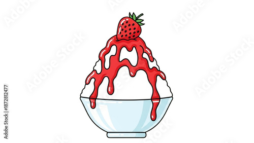 A strawberry dessert in a bowl with sweet strawberry sauce and fresh strawberry on top