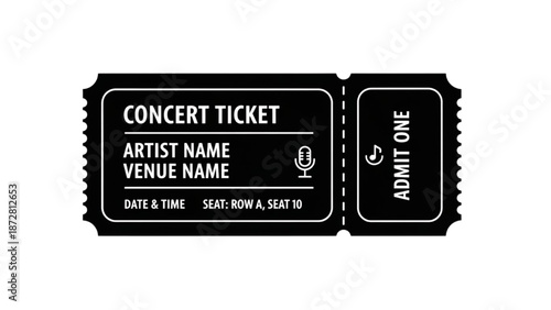 Black concert ticket stub with artist name and venue details