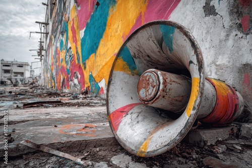 Colorful urban graffiti and an abandoned megaphone create a striking contrast in a deserted city setting