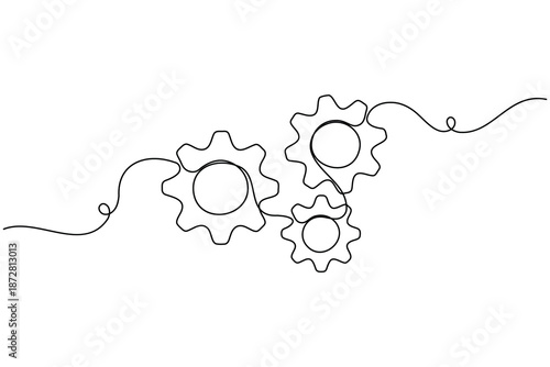 Three moving cog gear wheel sign continuous one line drawing on white background minimalist business work symbol outline vector illustration
