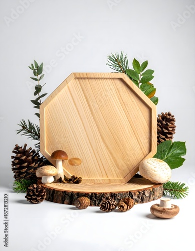 Illustration of wooden octagonal plaque on a tree stump with mushrooms and pinecones isolated on white background
