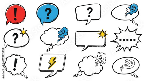 A collection of speech bubbles with various symbols and question marks depicted in a simple black and white illustration style