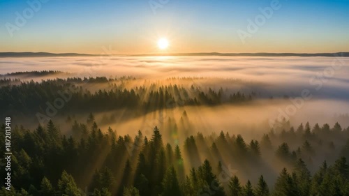 Sunrise over misty forest landscape with sun rays illuminating trees  , Epic drone shot of the sun rising above a dense, foggy pine forest,