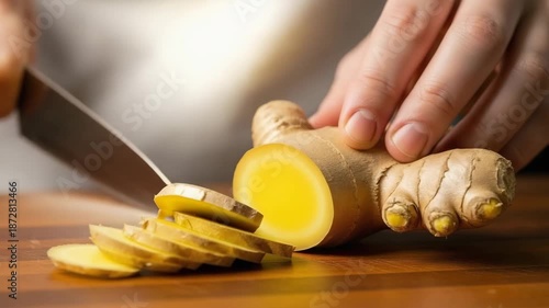 Person slicing fresh ginger root on wooden cutting board  