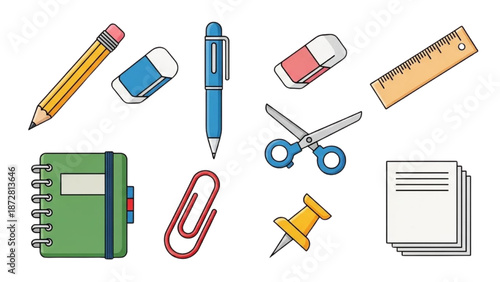Assorted stationery items including pens, pencils, and paper clips arranged neatly on a clean white background