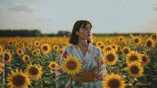 Sunflower Serenity - A Womans Journey Through a Golden Field.