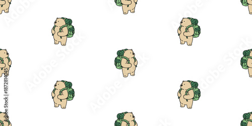 Bear polar seamless pattern backpacker camping traveller hiking vector cartoon character mascot coffee teddy doodle tile background repeat gift wrapping paper illustration scarf wallpaper isolated
