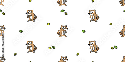 raccoon seamless pattern tanuki running cartoon doodle pet leaf leave tile background repeat wallpaper gift wrapping paper illustration