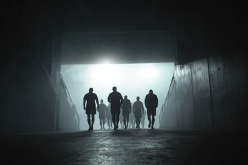 Soccer team enters stadium tunnel as silhouettes against bright lights in a dramatic and exciting moment before the match