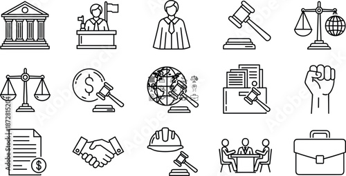 Law and Justice Line Icons Set, Including Gavel, Courthouse, Scales, Legal Documents, Handshake, and Global Law System Symbols, Editable Vector.