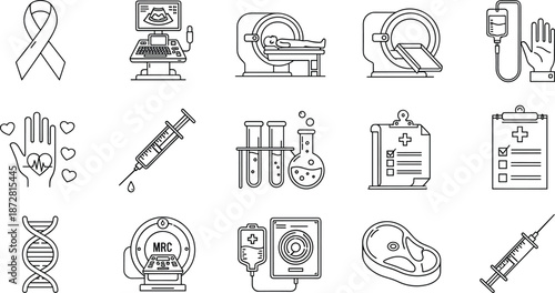 Line Art Icons Set of Healthcare, Medical Diagnostics, and Treatment, Including Cancer Awareness, MRI Scan, and Scientific Research, Isolated Vector Outline Illustration on White Background