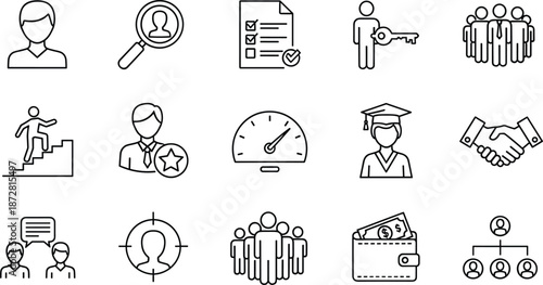 Line Art Icons Set of Human Resources, Recruitment, and Career Development, Including Job Search, Employee Management, and Skill Growth, Isolated Vector Outline Illustration on White Background
