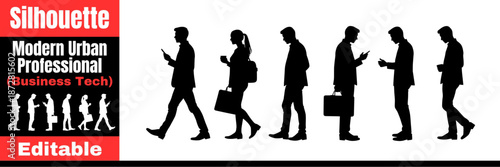 Modern Urban Professionals Walking and Using Smartphones, Business People Silhouette, Flat Design Vector Illustration