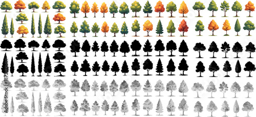Diverse Tree Bundles: Seasons, Silhouettes, and Grayscale Icons - Flat Design Vector Illustration.svg