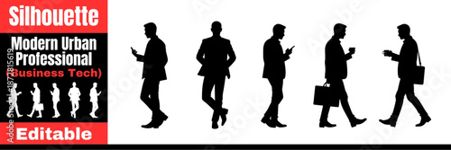 Professional Silhouettes with Phones and Briefcases, Business Tech Flat Design Vector Illustration