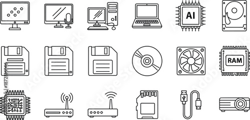 PC, Laptop, AI Processor, Memory, Storage Devices, Network, and Peripherals Vector Graphics.