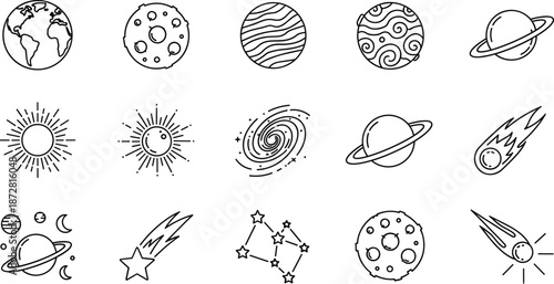 Planets, Solar System, Constellations, Galaxies, Asteroids, and Cosmic Exploration Vector Graphics for Science.