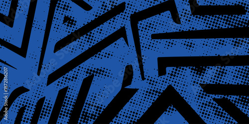 sports background, banner design in blue and black with pointed shapes and empty space. brush stroke pattern, modern design