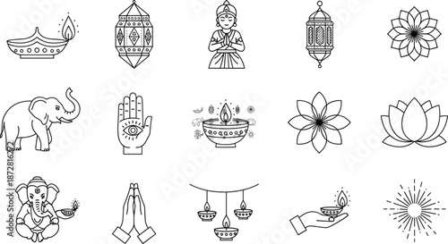 Traditional Diya Lamps, Lotus Flowers, Elephant, Ganesha, and Cultural Symbol Vector Graphics for Celebration.