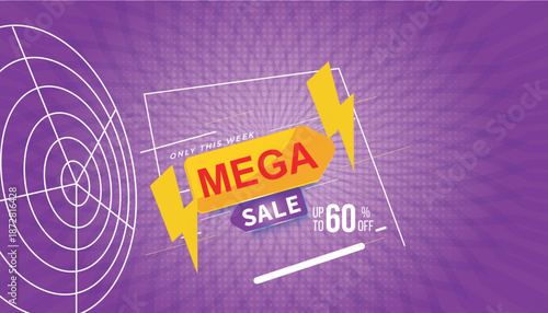 Mega sale purple banner with yellow lightning bolt shapes and radial light rays