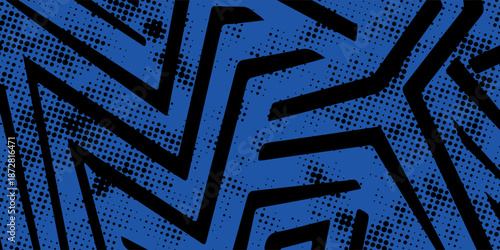 sports background, banner design in blue and black with pointed shapes and empty space. brush stroke pattern, eps10