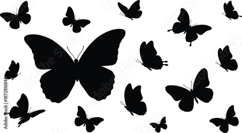 Black Butterfly Silhouette Collection with Various Wing Shapes and Flying Positions, Nature Insect Swarm Set, CAD Drawing Flat Vector Illustration for Spring Graphic Decor